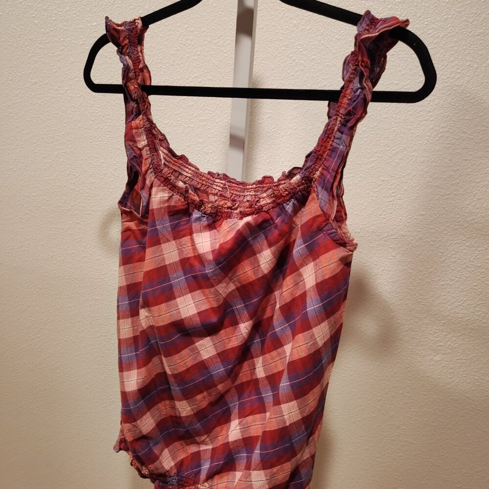 Y2K Vintage OP Junior's Plaid Tank Top Large Purple Pink Ruffle Straps Cotton - Picture 10 of 10